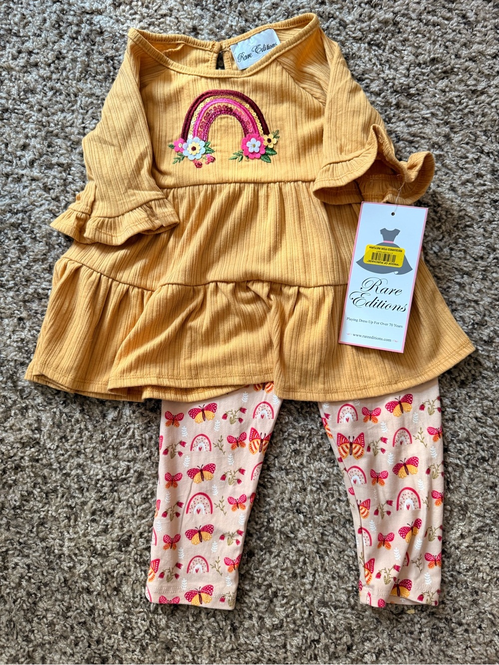 Rare Editions Mustard Blouse with Rainbow Applique and Cream Butterfly Leggings